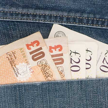 £10 and £20 notes in jeans pocket