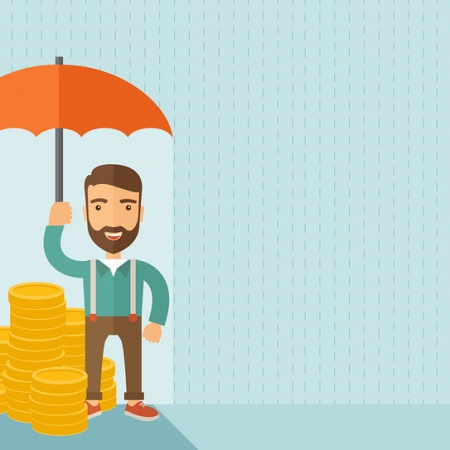 Man with cash sheltering from rain under umbrella