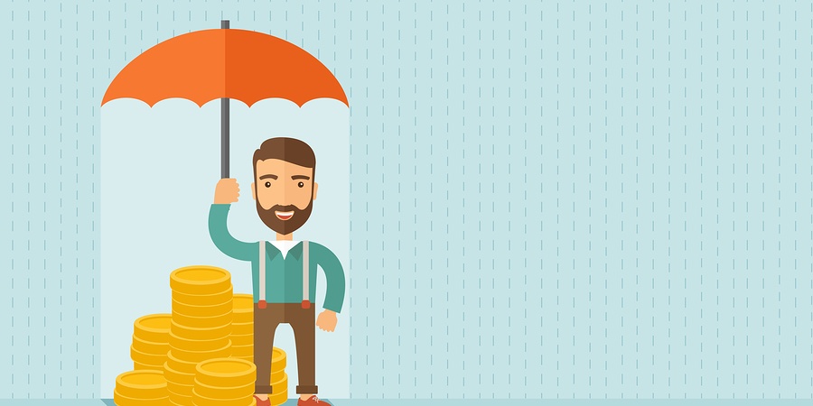 Man with cash sheltering from rain under umbrella