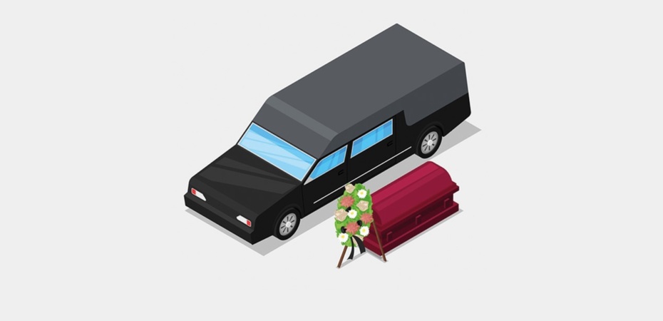 Illustration of a hearse next to a coffin