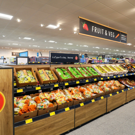 Fruit and veg aisle in supermarket