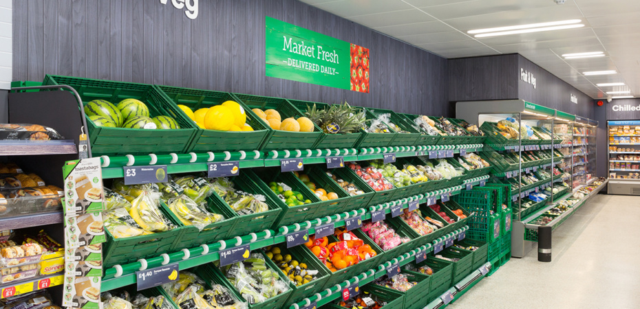 Fruit and veg aisle in Iceland supermarket